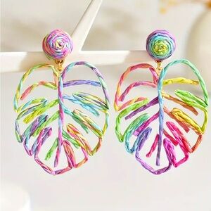 Colorful Raffia yarn wrapped Leaf Earrings beautiful handmade tropical monstera